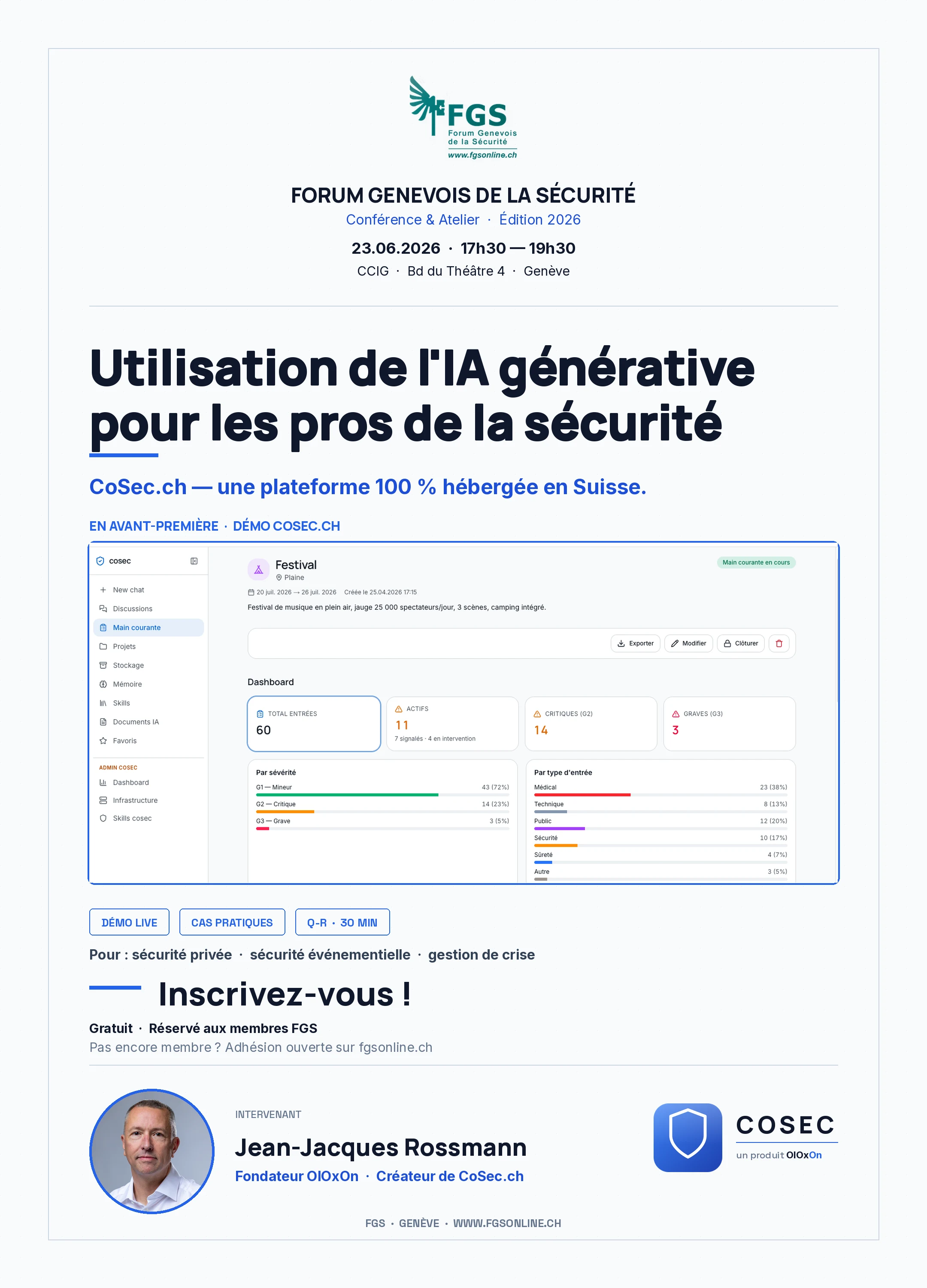 Affiche officielle de la conf&eacute;rence FGS du 23 juin 2026&nbsp;: Utilisation de l'IA g&eacute;n&eacute;rative pour les pros de la s&eacute;curit&eacute;